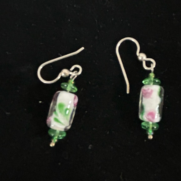 Glass floral pattern, white, and blue dangle earrings - Picture 2 of 2